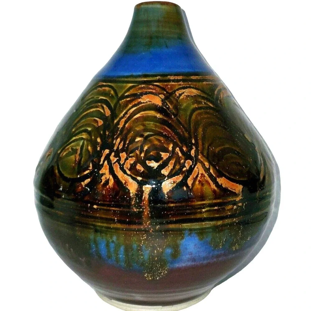 Fine Art Pottery Vase Eckles Brown Blue Olive Squat‎ Vessel Studio Ceramic Retro
